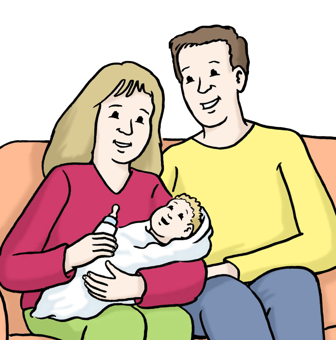 Grafik: Frau und Mann sitzen auf einem Sofa. Die Frau hält ein Baby im Arm.