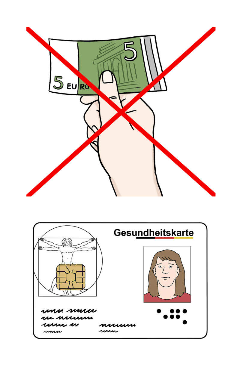 Grafik: durchgestrichene Geldscheine und Abbildung einer Krankenkarte