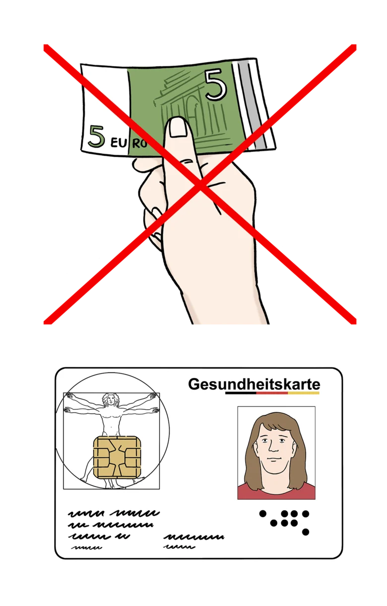 Grafik: durchgestrichene Geldscheine und Abbildung einer Krankenkarte
