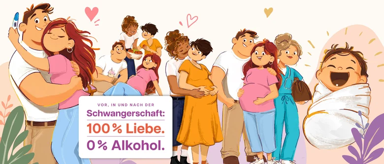 Illustration: Schwangere Paare und Familien in verschiedenen Situationen, Text: "Vor, in und nach der Schwangerschaft: 100 % Liebe. 0 % Alkohol."