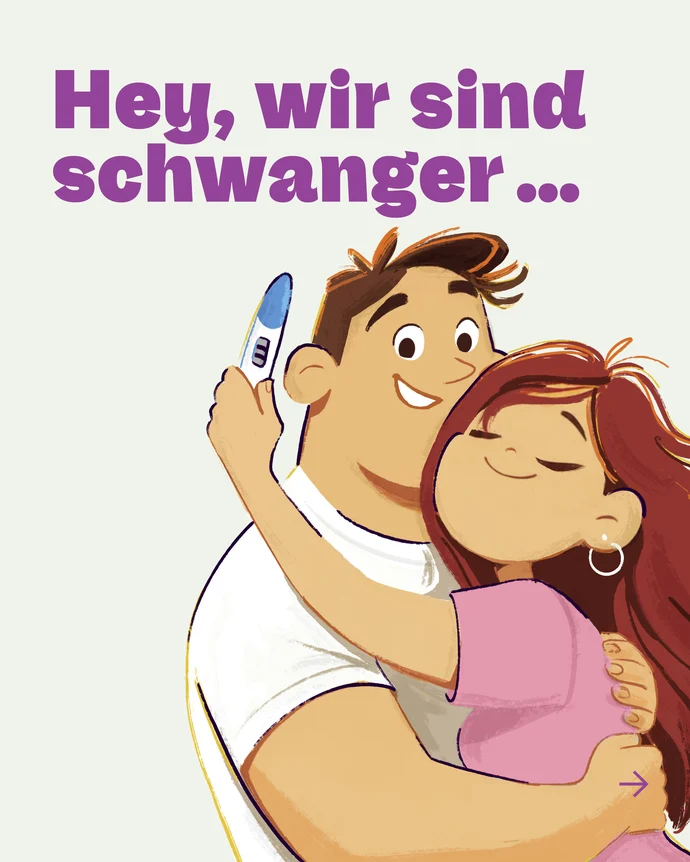 Illustration: Glückliches Paar betrachtet positiven Schwangerschaftstest mit Text „Hey, wir sind schwanger …“