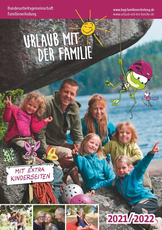 Titelseite des Kataloges: Eine junge sechsköpfige Familie sitzt in Wandersachen an einem Felsvorsprung, im Hintergrund ein See