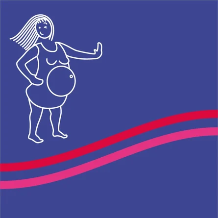 Schwangere Frau in weißer Silhouette auf blauem Hintergrund mit roten und pinken Wellenlinien.